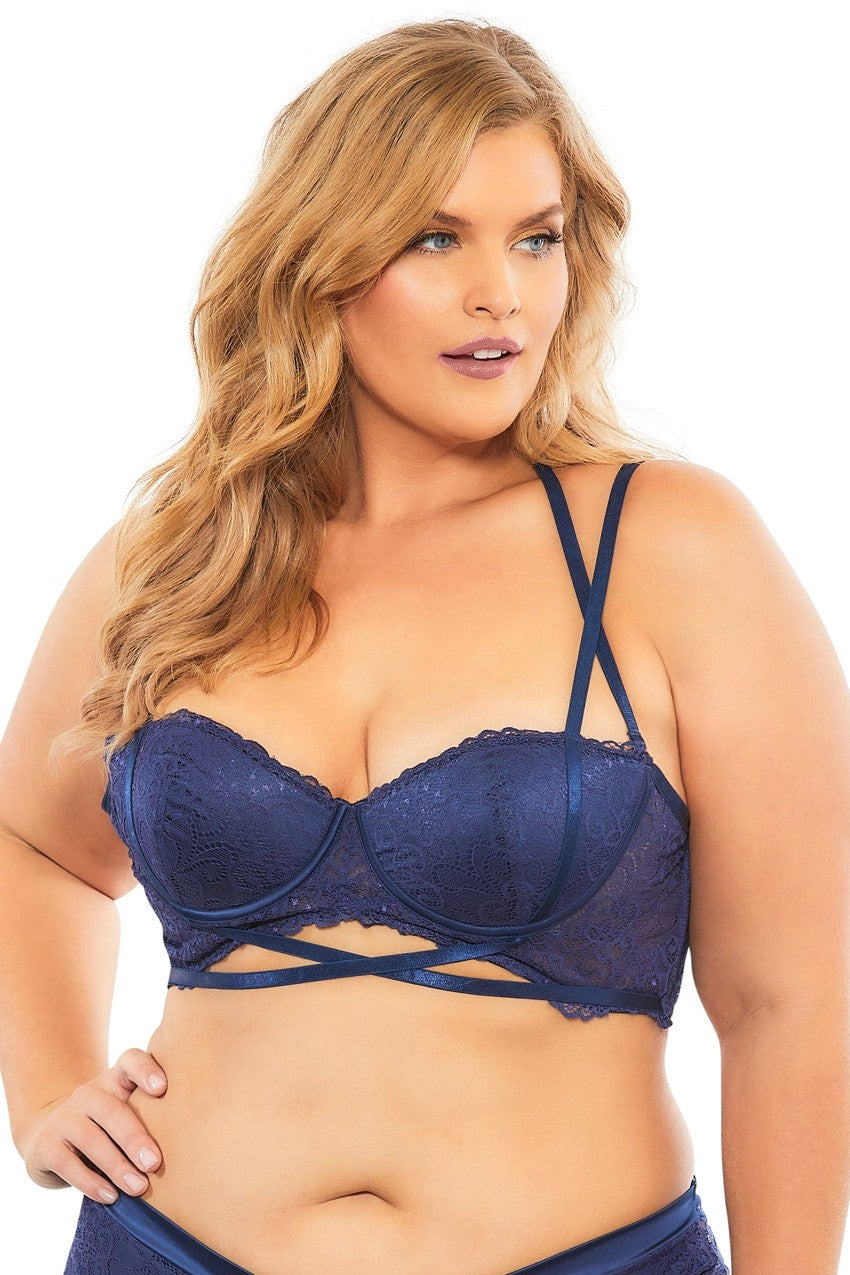 "Lace Push Up Balconette Bra With Crossing Halter Straps - Estate Blue - 4x OH-11-10823XEB4"