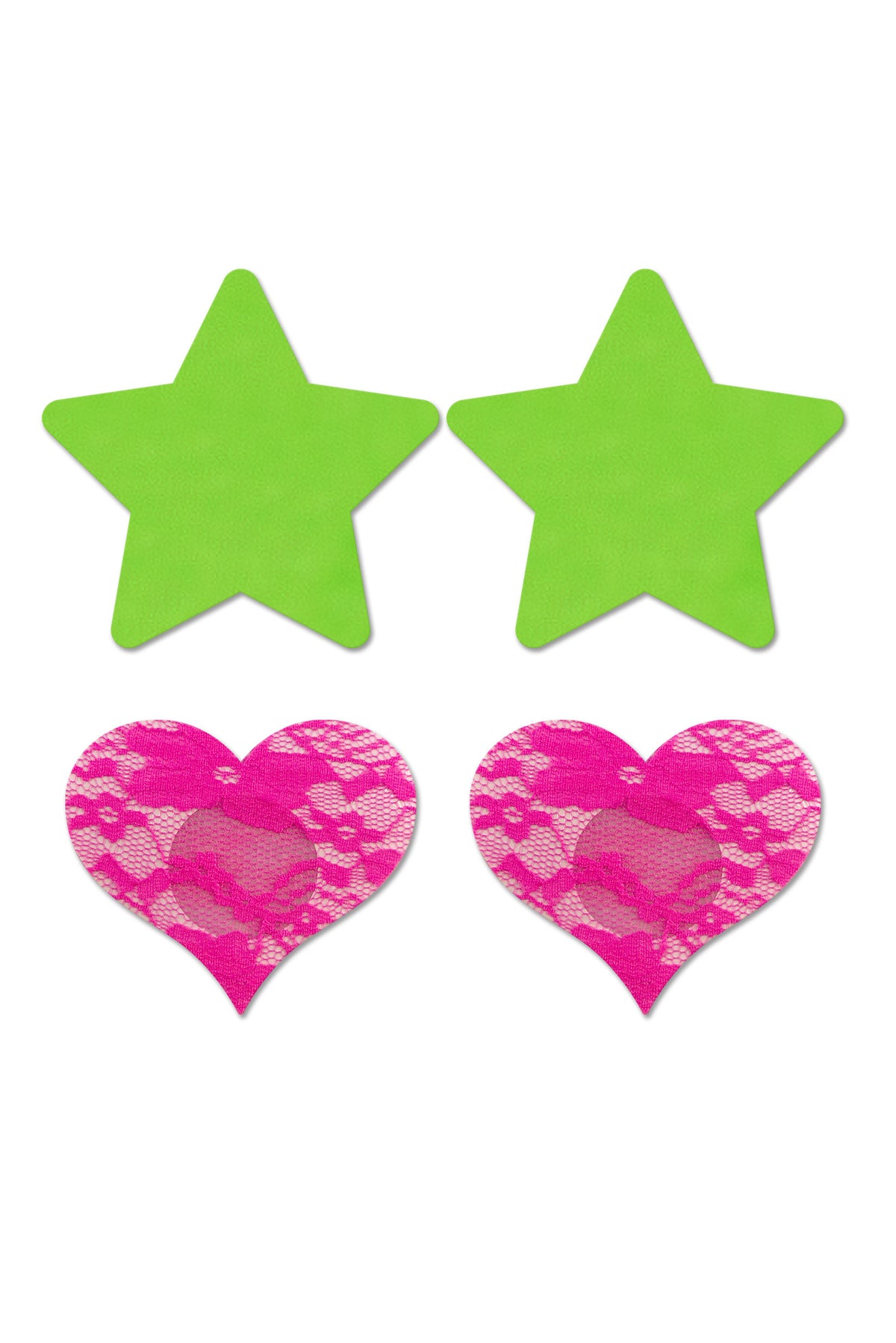 "Fashion Pasties Set - Neon Green Solid Star and Neon Pink Lace Heart FL-FLA101NEON"