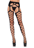 "Diamond Net Opaque Stockings with Attached Garter - Black - One Size LA-1778"