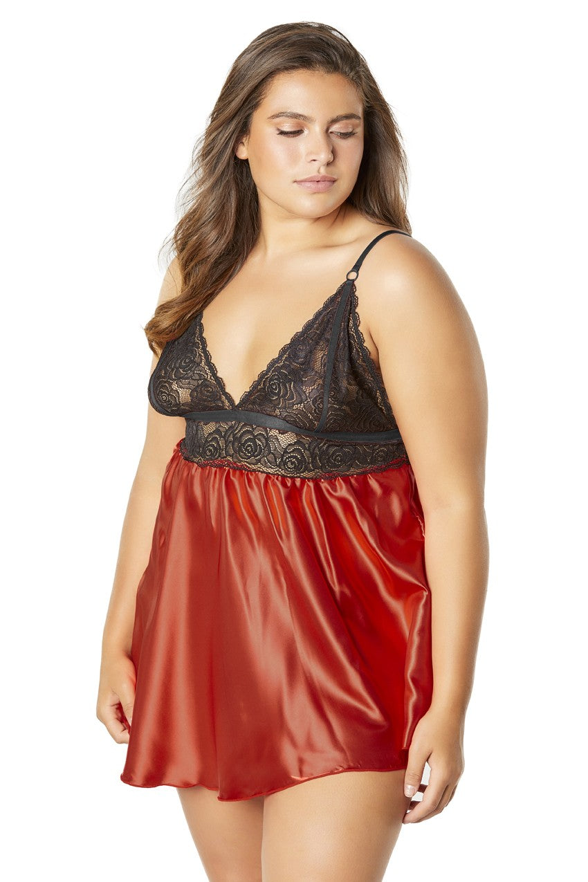 "Lace Cup Satin Empire Body Babydoll With Contrast Color Piping + G-String - Black/red - 3x4x OH-75-10873X-BRD3X4X"