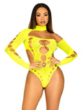 "Seamless Asymmetrical Cut Out Thong Back Bodysuit  - One Size - Neon Yellow LA-89310NYELOS"